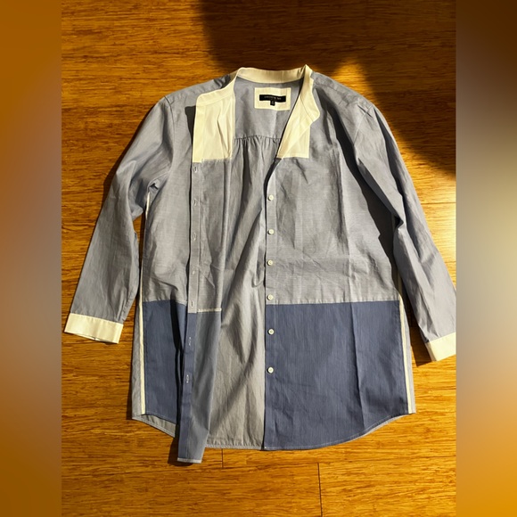 Two tone blue striped Lafayette 148 New York button down dress shirt - Picture 2 of 8